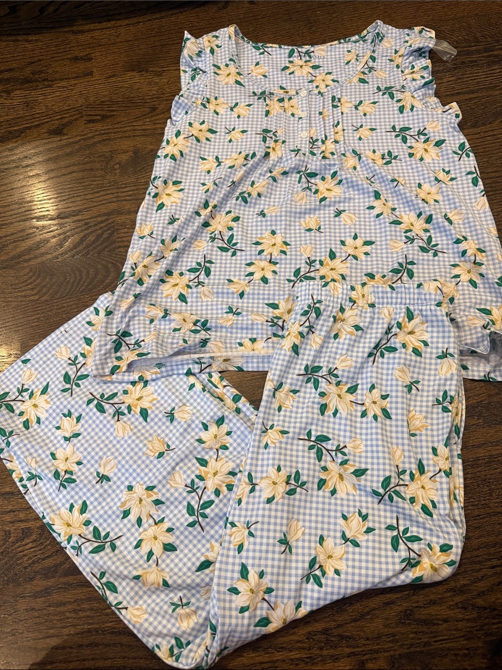 Ladies small Yellow Floral Blue Gingham Women’s pj lounge Set nwot